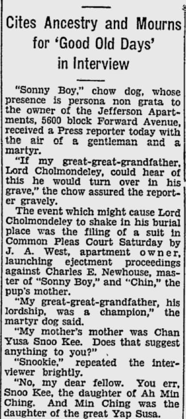 Sonny Boy dog writes his own story.  5 pix  1930 Pittsburg Press