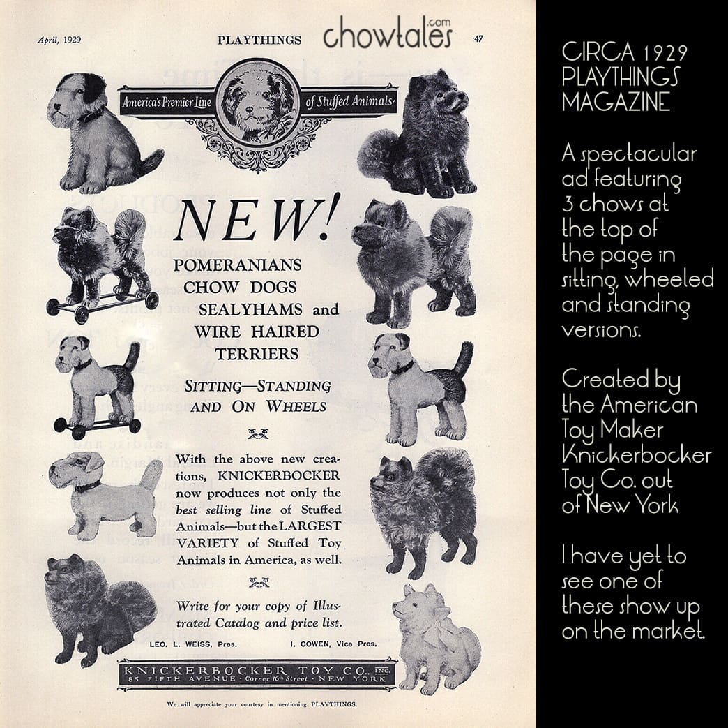 1929 Knickerbocker Toys creates 3 versions of stuffed chow toys